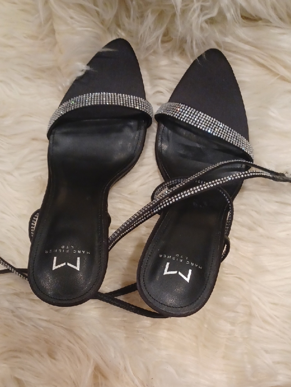 Marc Fisher Black Pointed Toe Rhinestone Lace-Up Mules